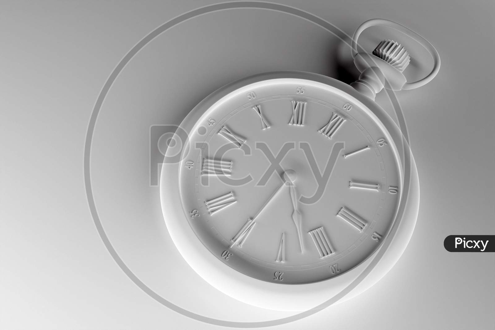 3D Illustration  Of Antique   White  Round Clock On  Monocrome Background. Stopwatch Icon, Logo. Chronometer, Vintage Timer