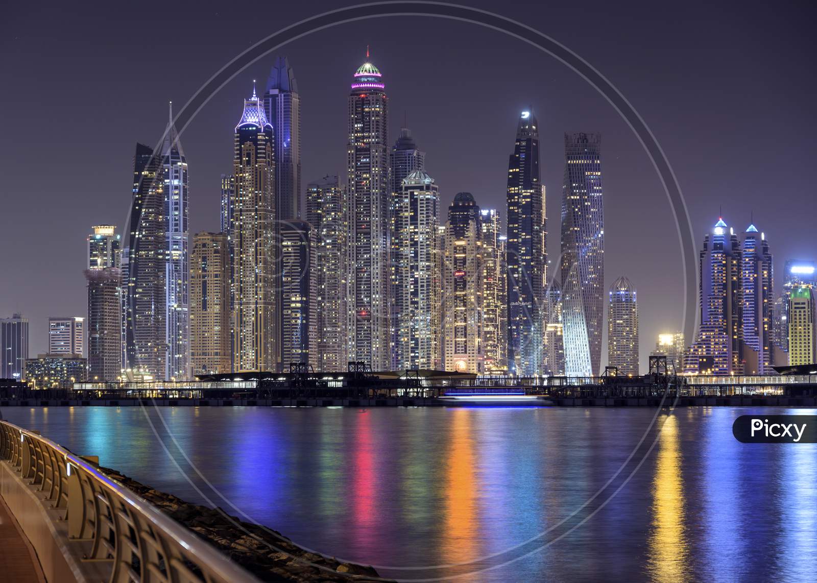 DUBAI, UAE - october 28, 2020.Dubai Marina night scene with city lights, luxury new high tech town in middle East, United Arab Emirates architecture. Dubai Marina cityscape, UAE