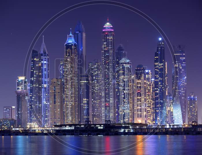 Dubai, Uae - October 28, 2020.Dubai Marina Night Scene With City Lights, Luxury New High Tech Town In Dubai Marina Cityscape, Uae