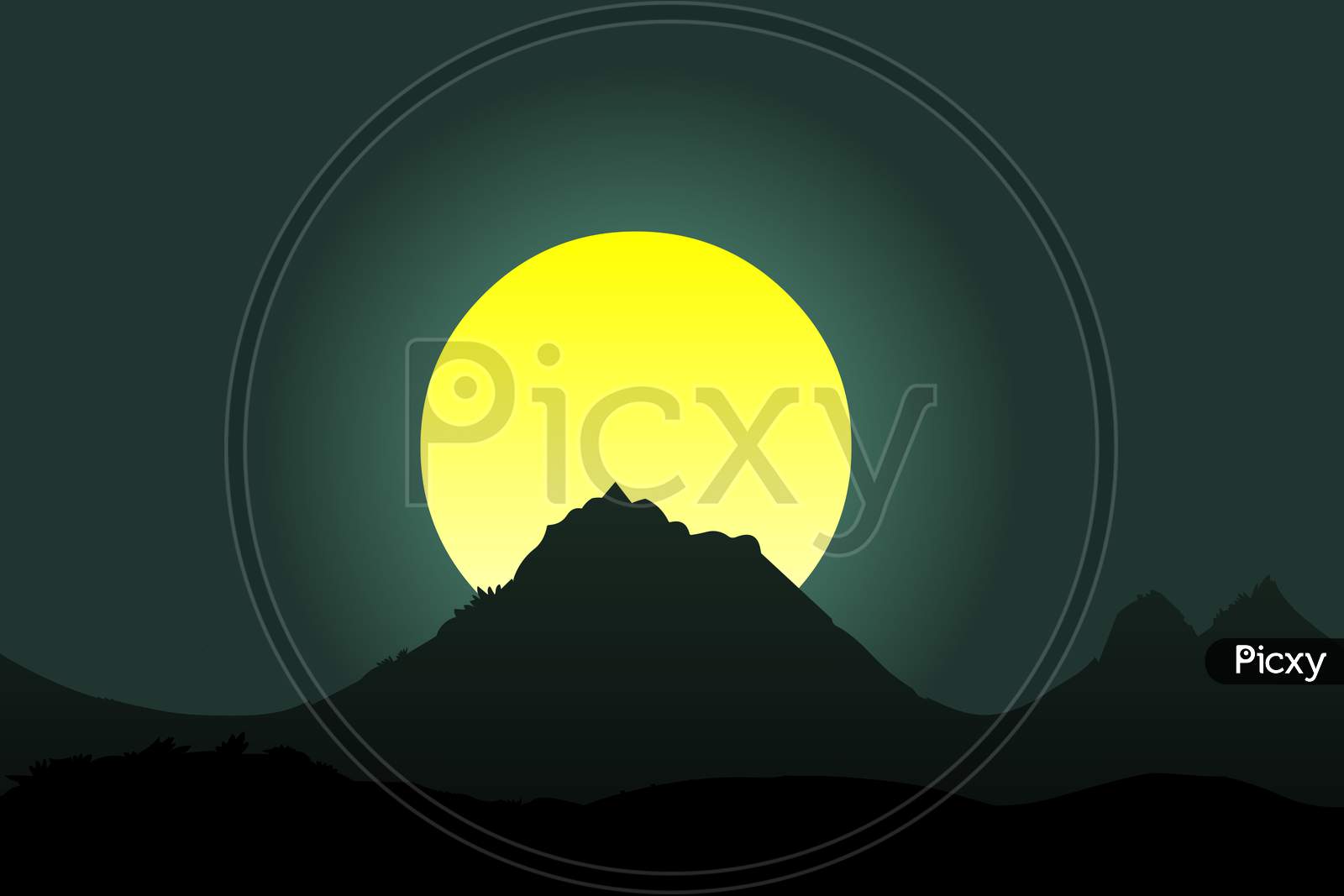 Full Moon Over Mountains. Night Landscape.