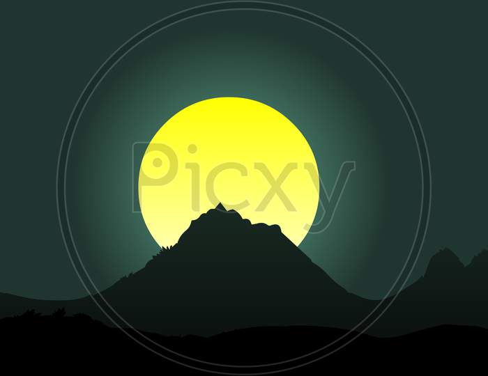 Full Moon Over Mountains. Night Landscape.