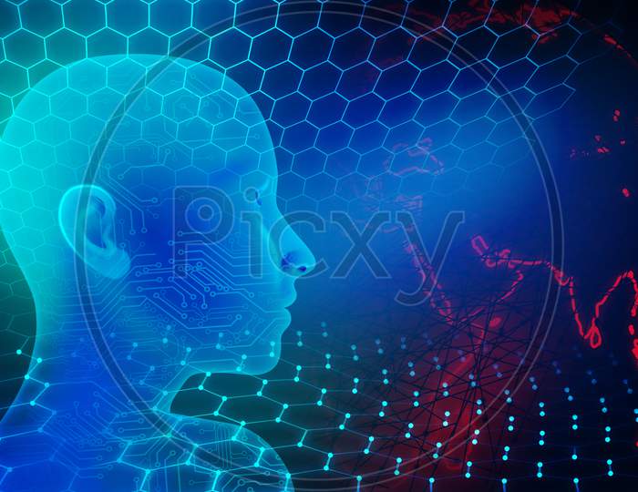 Abstract futuristic globe cogs mind technology background concept.Speed movement pattern and motion blur over dark background.