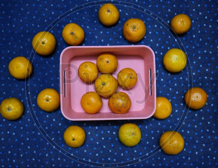 Oranges Group Freshly Picked In A Basket And On A Brown Wooden Table In An Orange Grove. With A Tree And Garden Background With Afternoon Sun. Horizontal Composition. Front View.