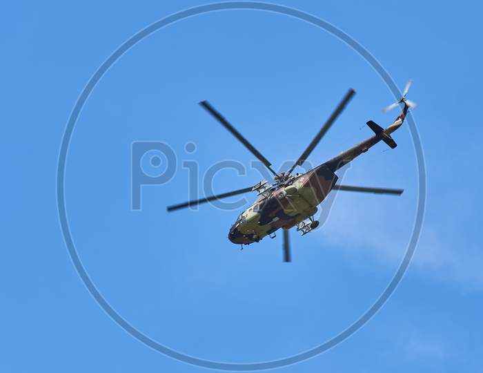 Mi-17 Military Helicopter Of The Serbian Airforce In Flight In Belgrade, Serbia
