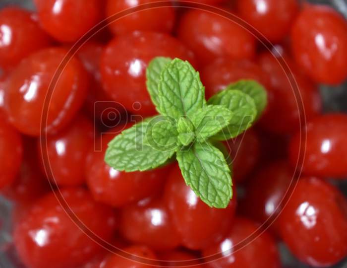 Cherry Isolated. Green Leaf On Cherries. Cherries. With Clipping Path, Micro Photography ,India