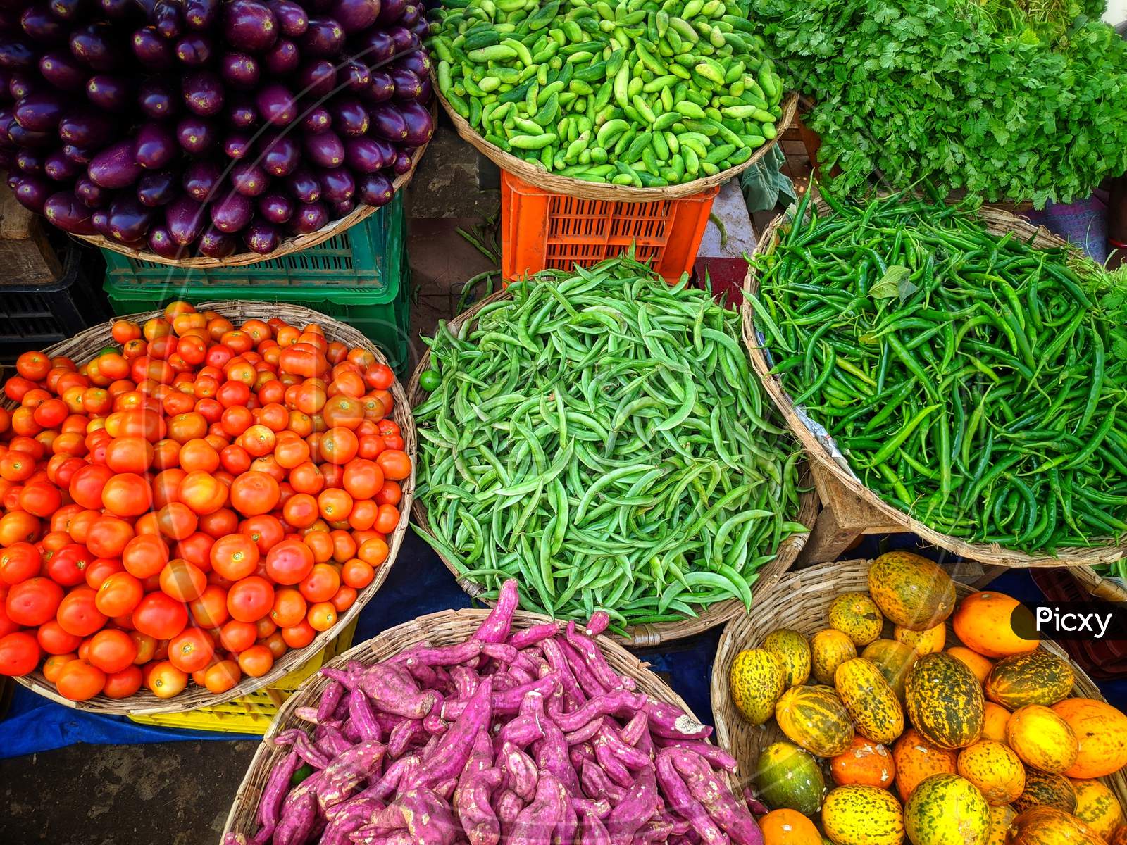 Big Choice Of Fresh Fruits And Vegetables On Market Counter,India.