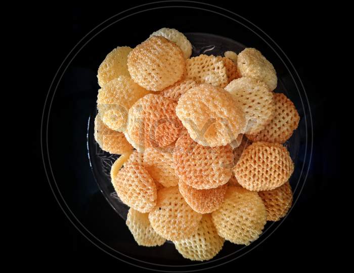 View Of Crunchy Tapioca Chips Which Is A Famous Indian Savory. Crispy Tapioca Sticks With Spices.