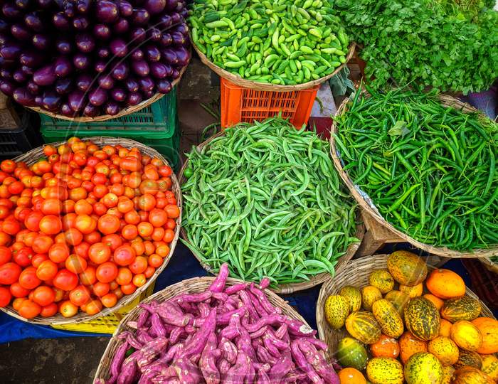 Big Choice Of Fresh Fruits And Vegetables On Market Counter,India.