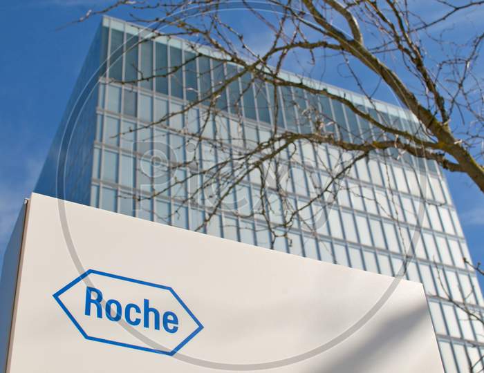 Roche Sign In Front Of The Roche Diagnostics Tower In Rotkreuz, Switzerland