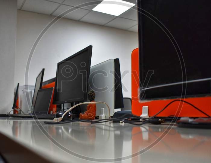 Employees Work In Office Buildings Cooperate Company With Orange Furniture