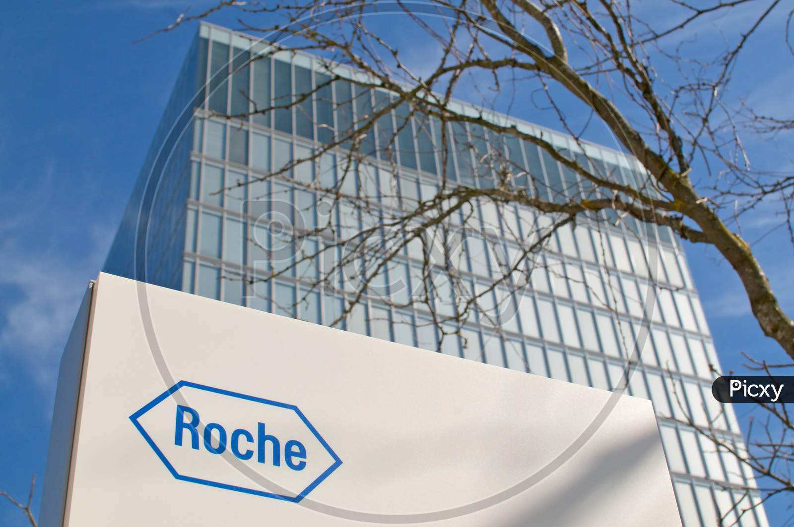 Roche Sign In Front Of The Roche Diagnostics Tower In Rotkreuz, Switzerland