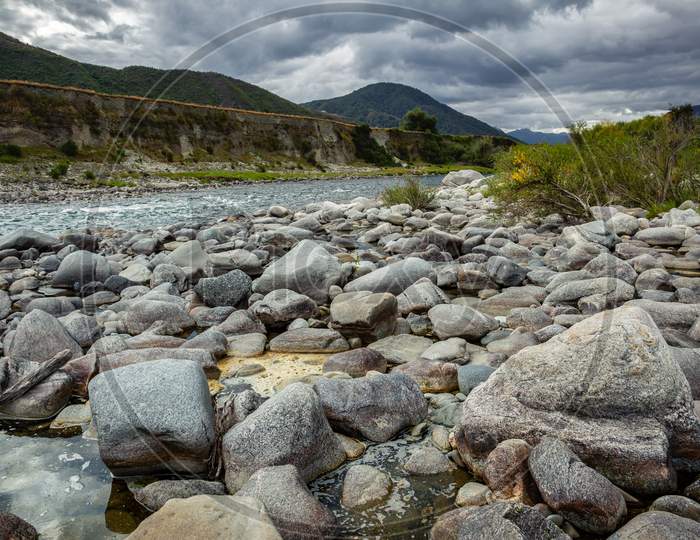 Boulders Along The Maruia River In New Zealand