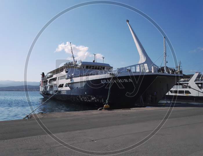 Crete Or Kreta, Greece - September 15, 2017: A Huge Ship Cruise Docked For Tourist For Travel To Balos Lagoon Beach, Gramvousa Peninsula In Kreta Island.