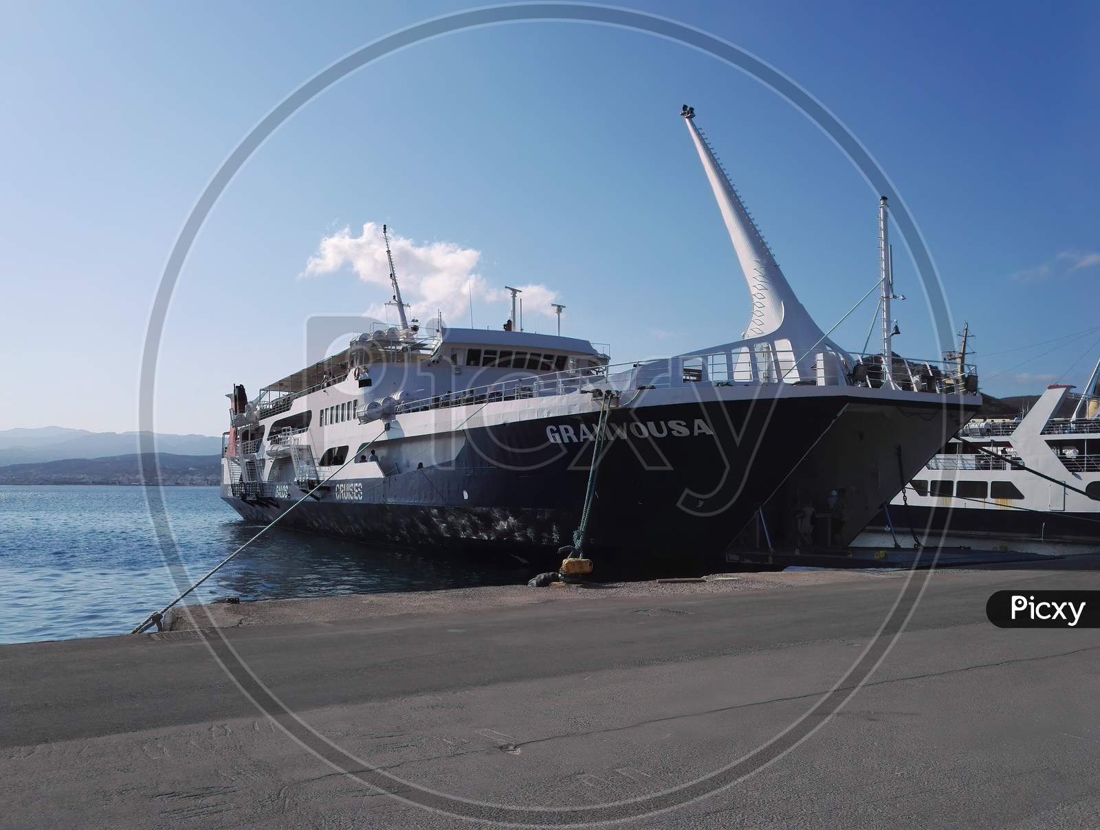 Crete Or Kreta, Greece - September 15, 2017: A Huge Ship Cruise Docked For Tourist For Travel To Balos Lagoon Beach, Gramvousa Peninsula In Kreta Island.
