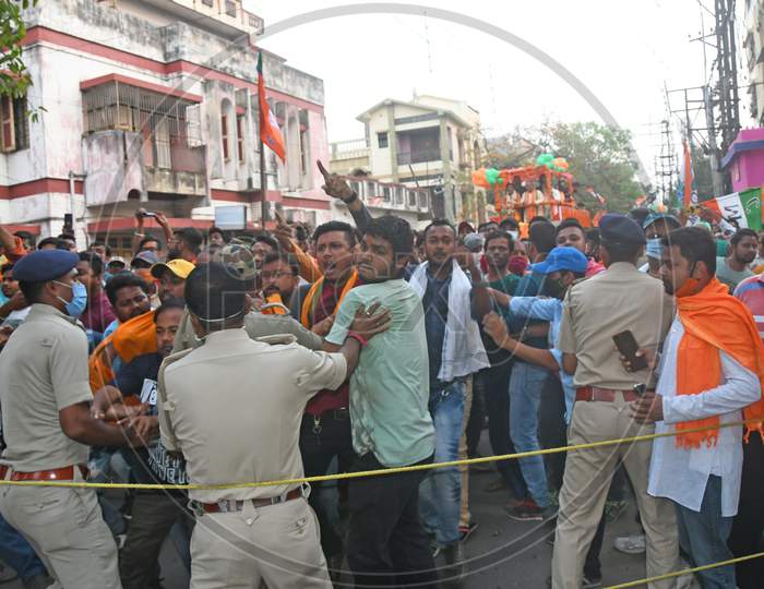 Clashes broke out between the Trinamool Congress and the BJP during the election road show of BJP West Bengal state president Dilip Ghosh in support of the BJP candidate in the Burdwan Dakshin assembly constituency in Burdwan Town.