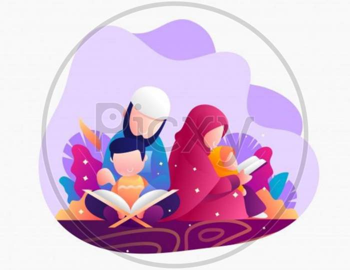 Reading Quaran At Night Ramadan Vector Illustration