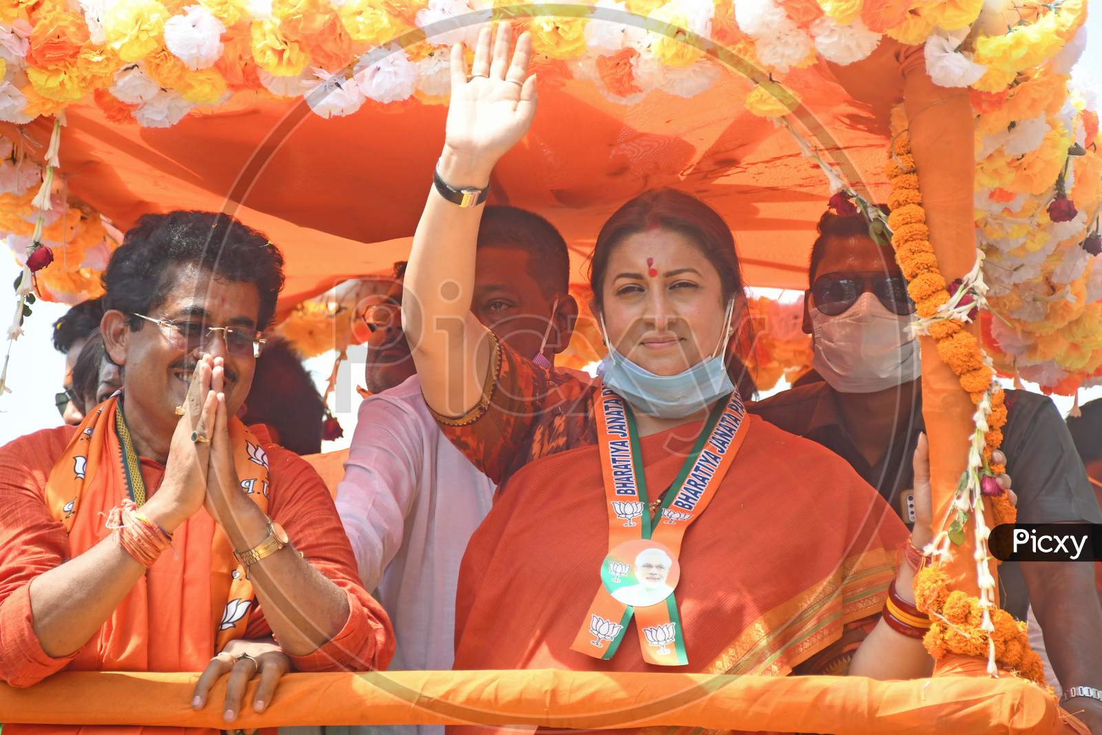 Union Minister for Women and Child Development and Textiles Smriti Zubin Irani held a road show in Burdwan Town in support of BJP candidate Sandip Nandi from Burdwan Dakshin Assembly constituency.
