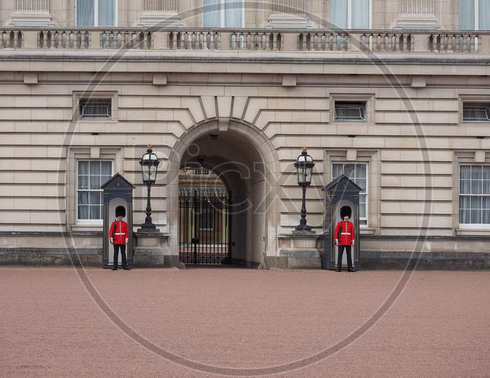 London, Uk - Circa June 2017: The Guard At Buckingham Palace Royal Palace