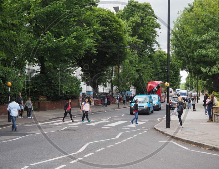 London, Uk - Circa June 2017: Abbey Road Zebra Crossing Made Famous By The 1969 Beatles Album Cover
