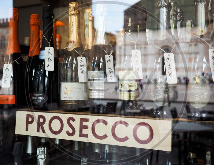 Bologna, Italy - Circa September 2017: Italian Prosecco Wine Bottles In A Shop Window