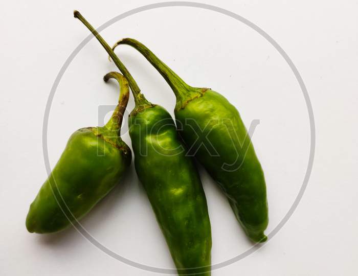 Three Green Chillies In White Background