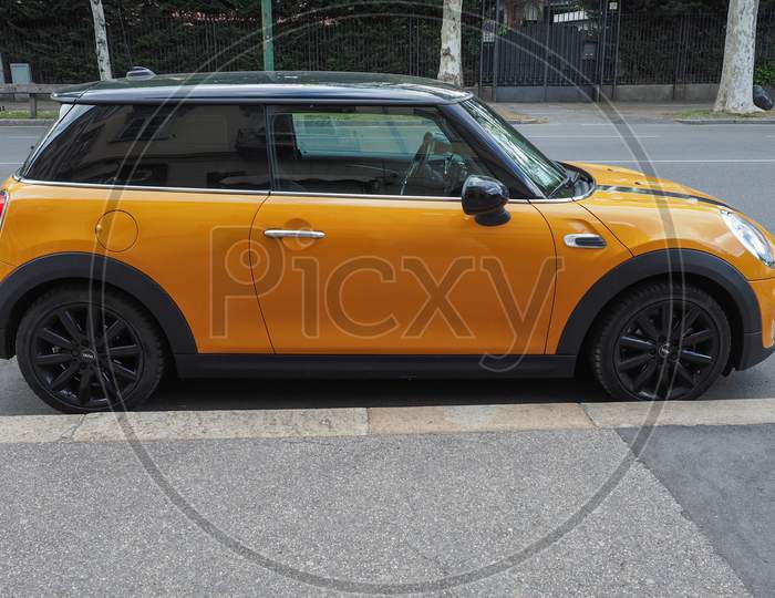 Turin, Italy - Circa May 2019: Yellow Mini Car