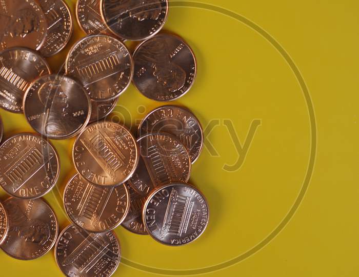 One Cent Dollar Coins, United States With Copy Space
