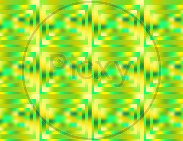 Seamless green yellow gradient geometric pattern. Colorful concentric square grid pattern. Abstract gradient centric square pattern design. Trendy square block background. 3d rendering.