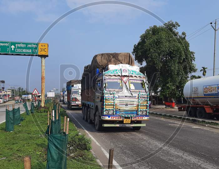 A heavy truck carrying goods in National Highway, Bongaigaon