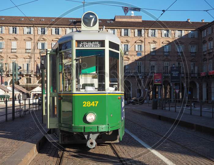 Turin, Italy - Circa January 2018: Vintage Tramway Train For Public Transport