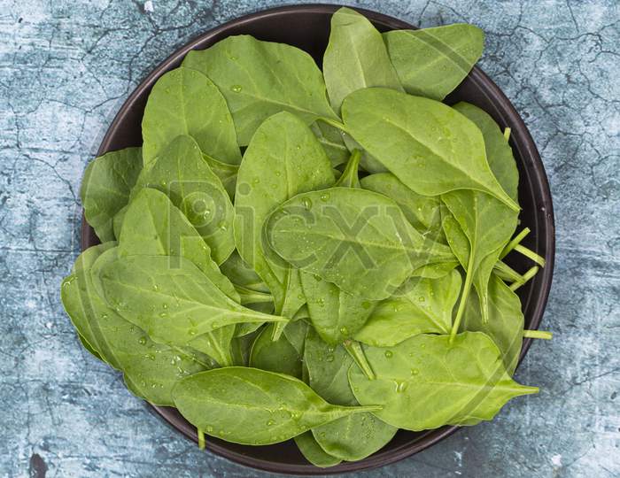 Fresh Spinach In Bowl Stock Photo