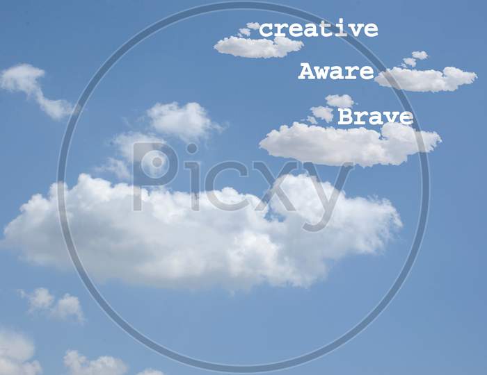 Creative ,Aware,Brave,In The Mental Health Awareness Concept On The Cloud Sky Background.