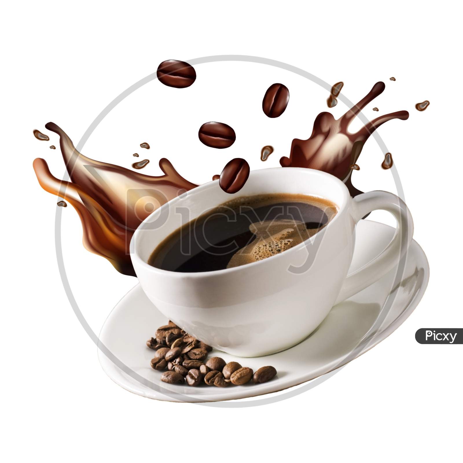 Flying Cup Of Coffee With Splash And Coffee Beans Png Background