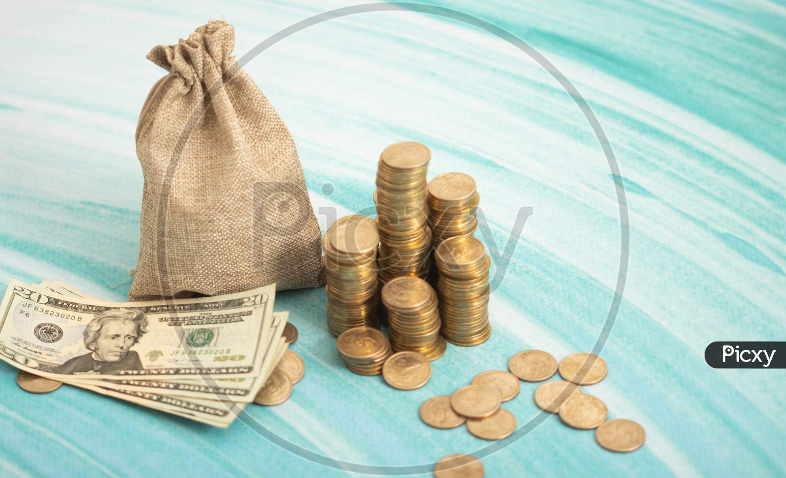 Money Bag With Dollar Coins And Notes