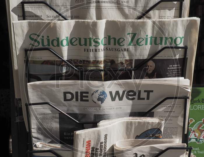 Turin, Italy - Circa October 2018: German Newspapers Including Frankfurter Allgemeine, Sueddeutsche Zeitung And Die Welt