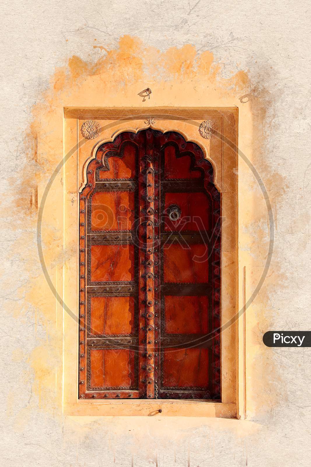 Digital Painting Of Old Style Indian Antique Door In A Fort