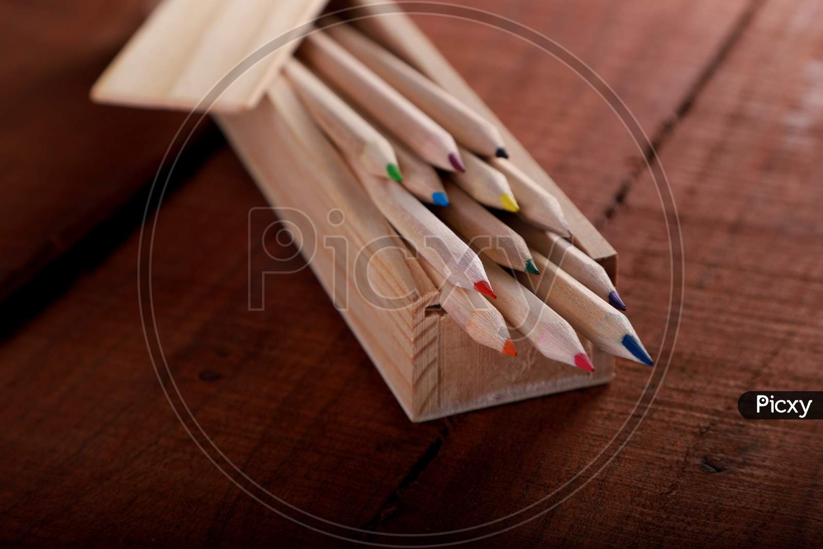 Wooden Colored Pencil On Old Wood Table