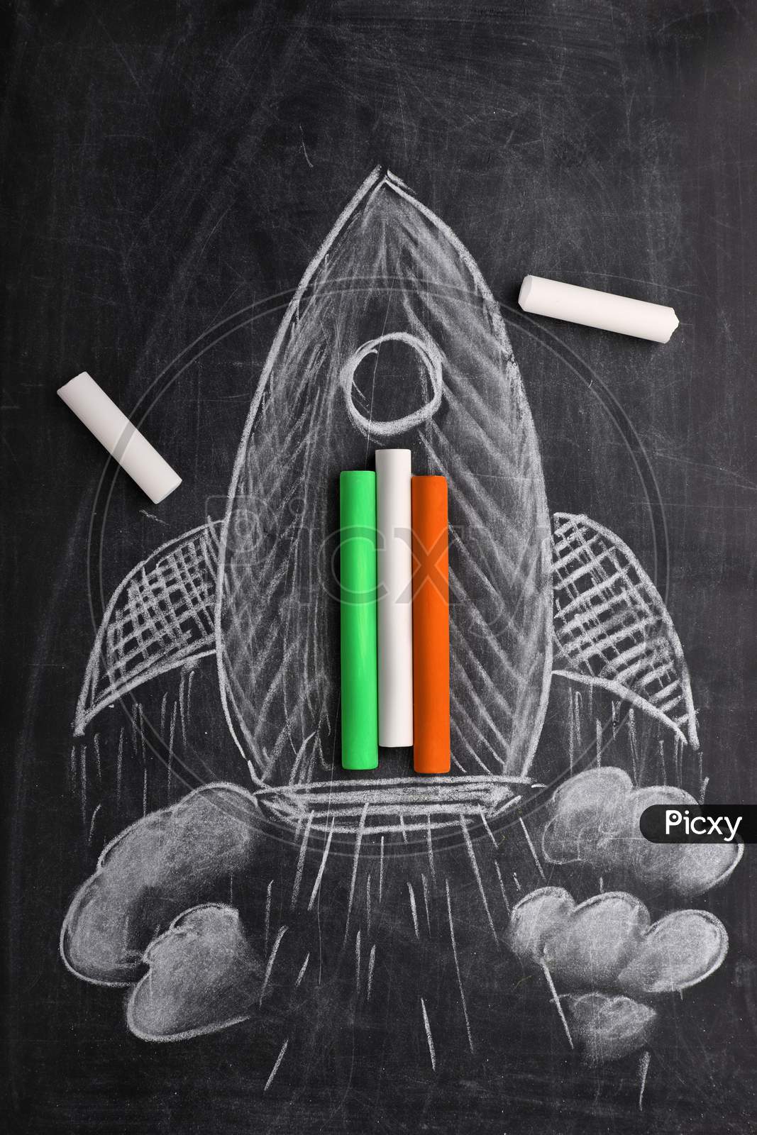 Indian Flag Colors And Rocket On A Black Board With Chalks
