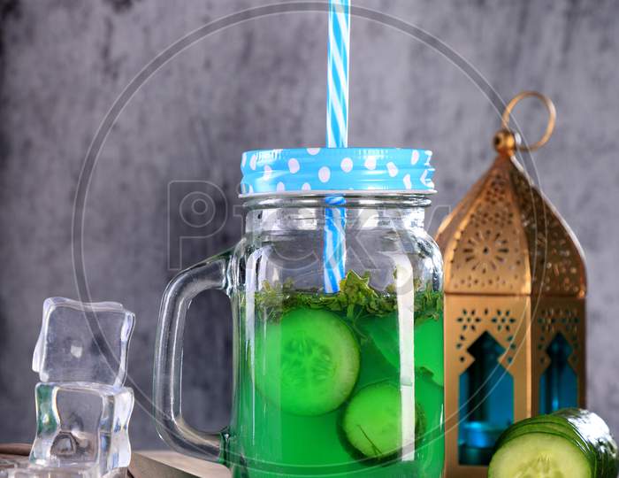 Fresh Cucumber Juice In A Mason Jar With Ice Cubes