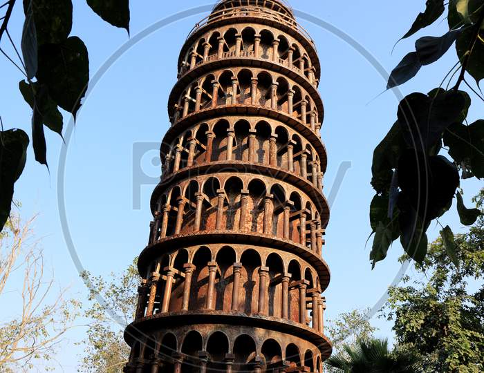 New Delhi, India - January 11, 2020 - Waste To Wonder Park - The Replica Of The Leaning Tower Of Pisa Made From Industrial And Other Waste
