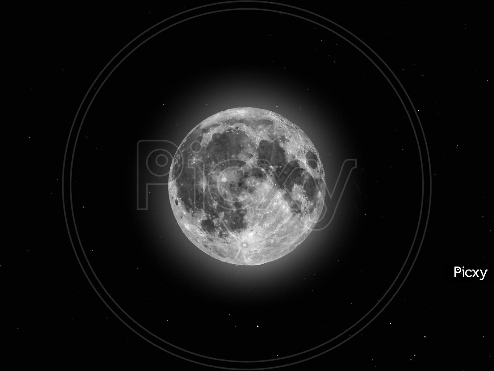 Full Moon Seen With Telescope, Starry Sky