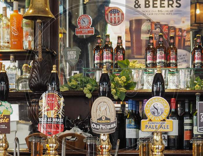 London, Uk - Circa September 2015: Draught Cask Beers In A Traditional English Pub