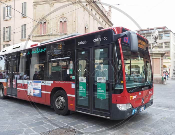 Bologna, Italy - Circa September 2017: Red Bus Public Transport In The City Centre