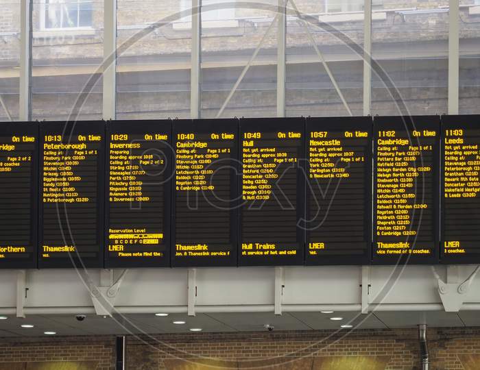 London, Uk - Circa September 2019: Departures Timetable At King'S Cross Railway Station