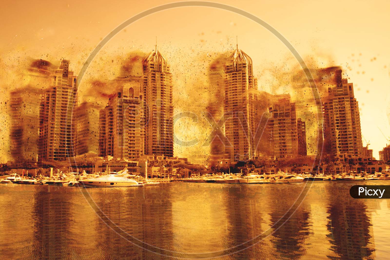 Digital Painting Concept - Dust Storn In Dubai Marina, United Arab Emirates