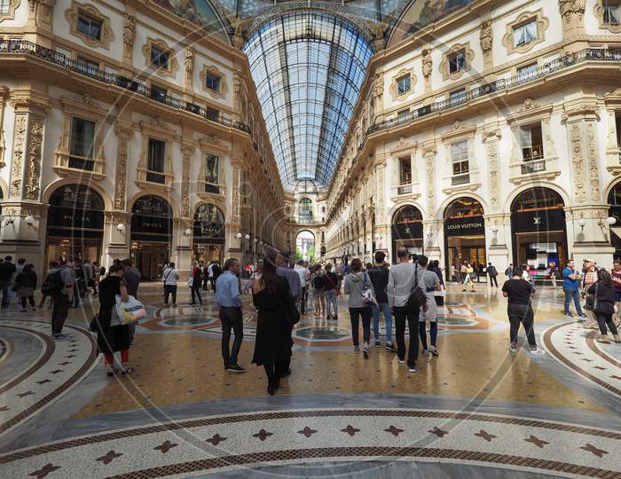 Milan, Italy - Circa April 2016: Tourists In Galleria Vittorio Emanuele Ii Gallery