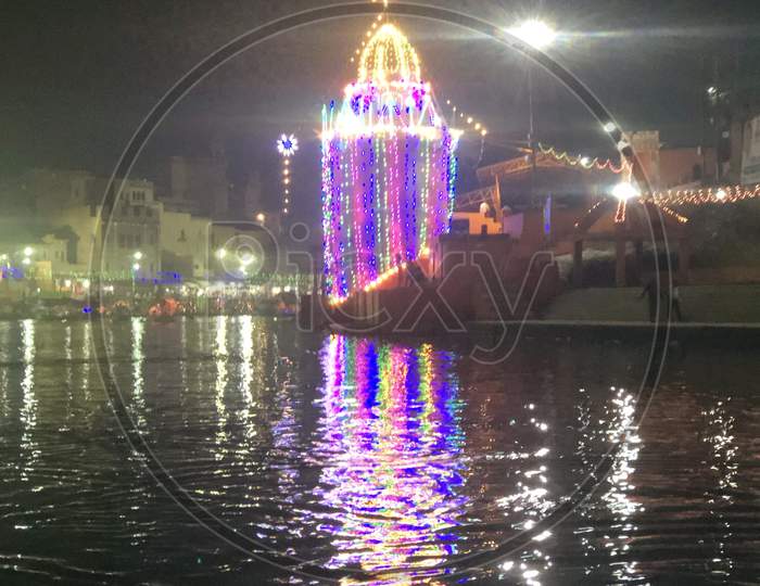 Indian Holy river with festival decoration