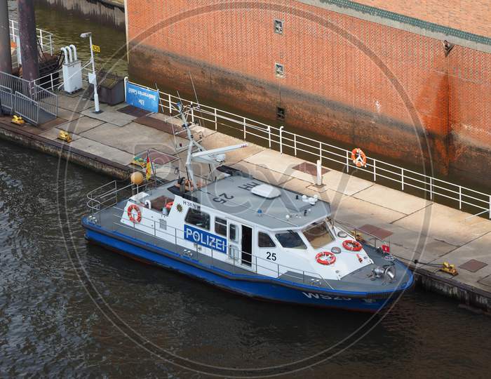 Hamburg, Germany - Circa May 2017: Polizei (Meaning Police) Boat In Hamburg Hafencity Canal