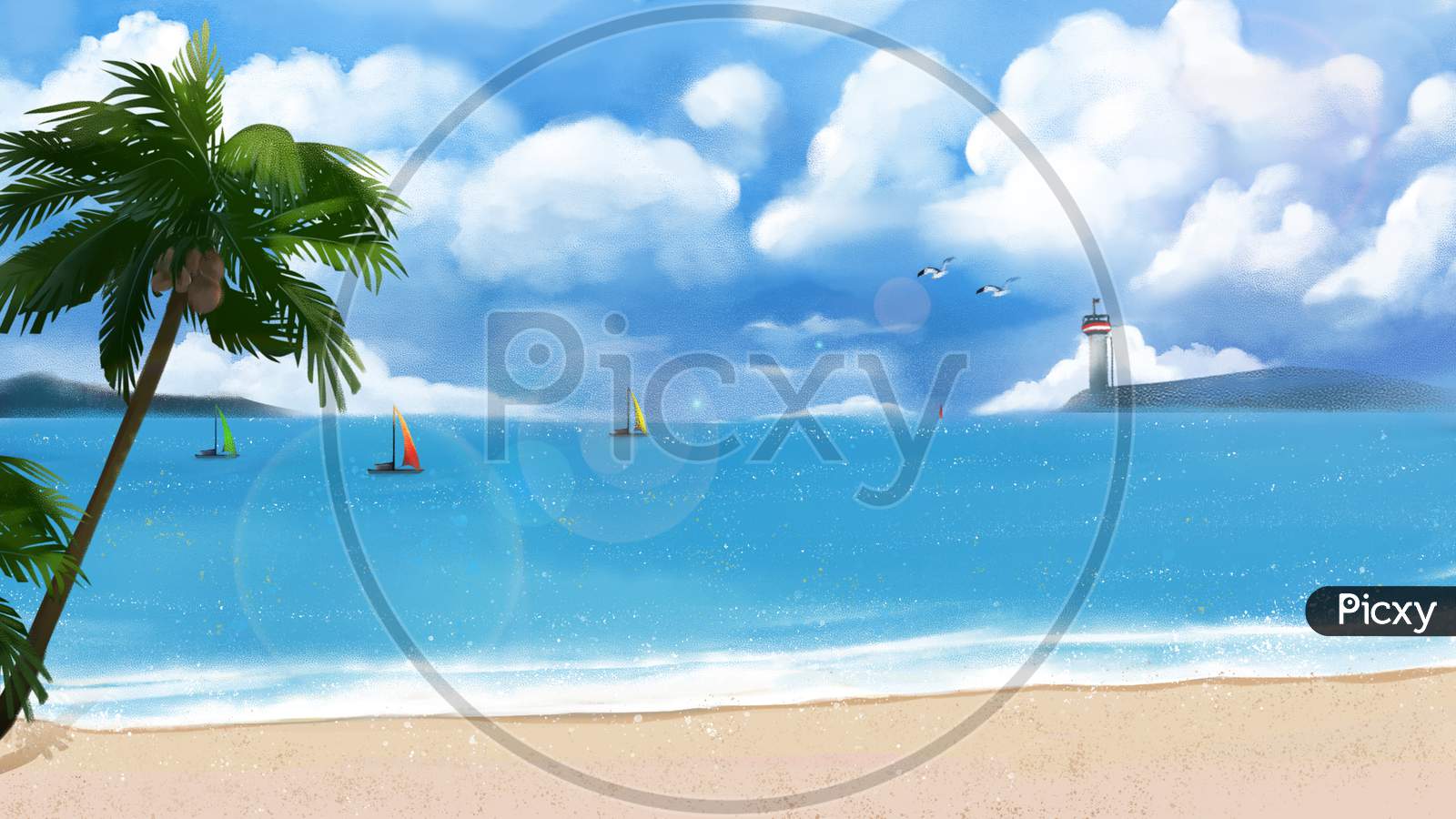 This amazing beach wave sky seagull illustration image can be perfectly used as background or wallpaper, and can also be integrated into published media, like posters, flyers, books, etc.