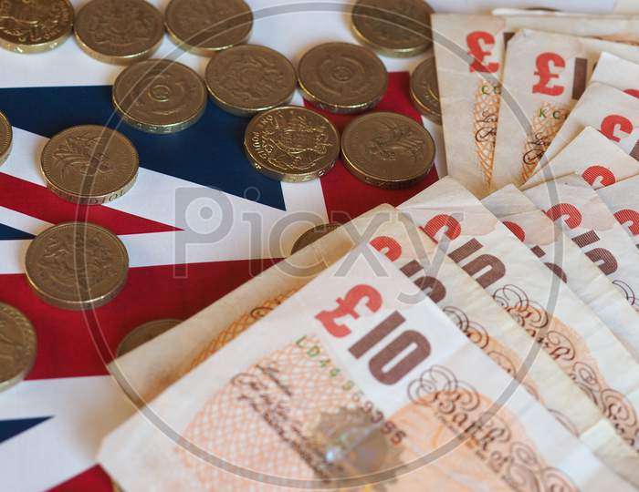 Pound Coins And Notes, United Kingdom Over Flag